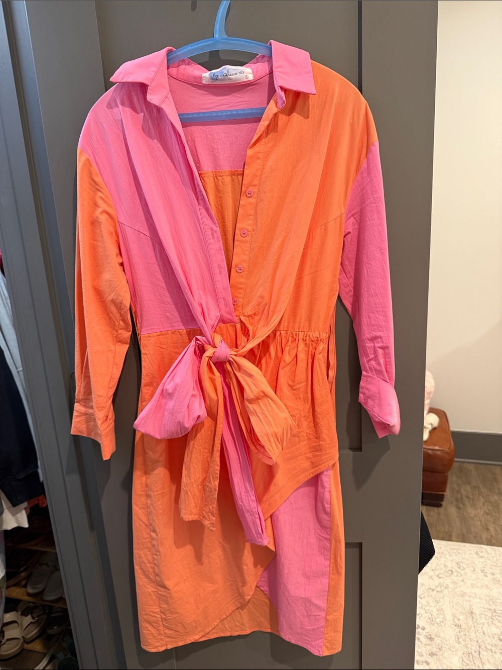 Pink and Orange Colorblock Tie-Waist Shirt Dress